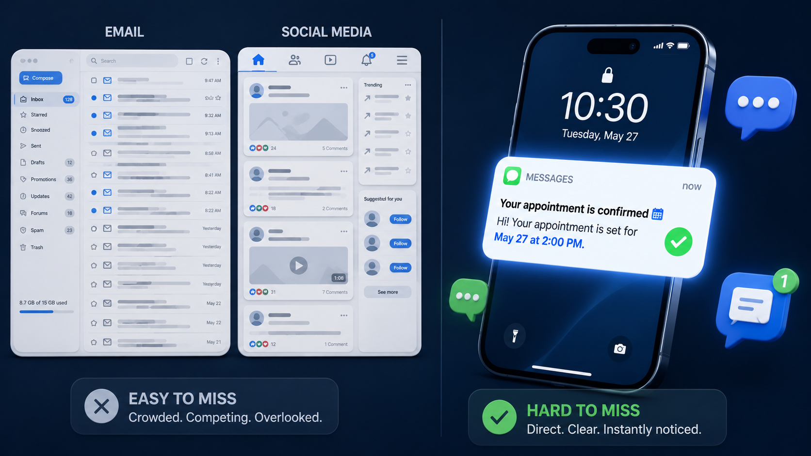 A comparison visual showing how SMS messages can stand out more clearly than crowded email inboxes or social feeds.