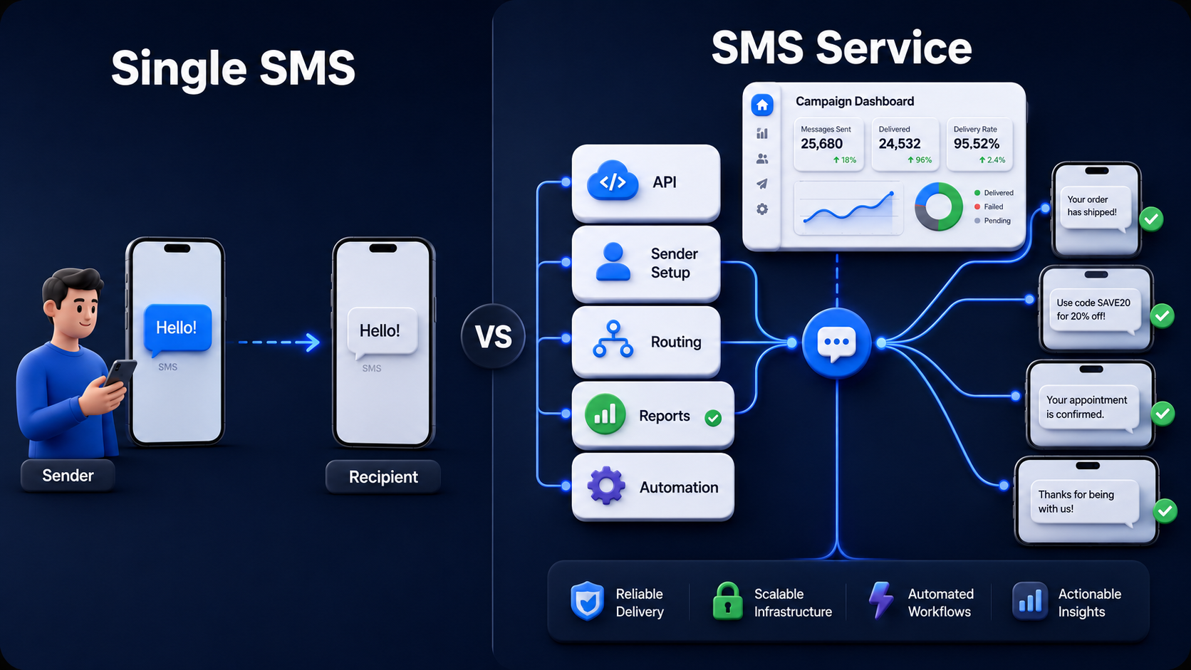A comparison visual showing the difference between one simple text message and a full SMS service stack with APIs, routing, reports, and automation.