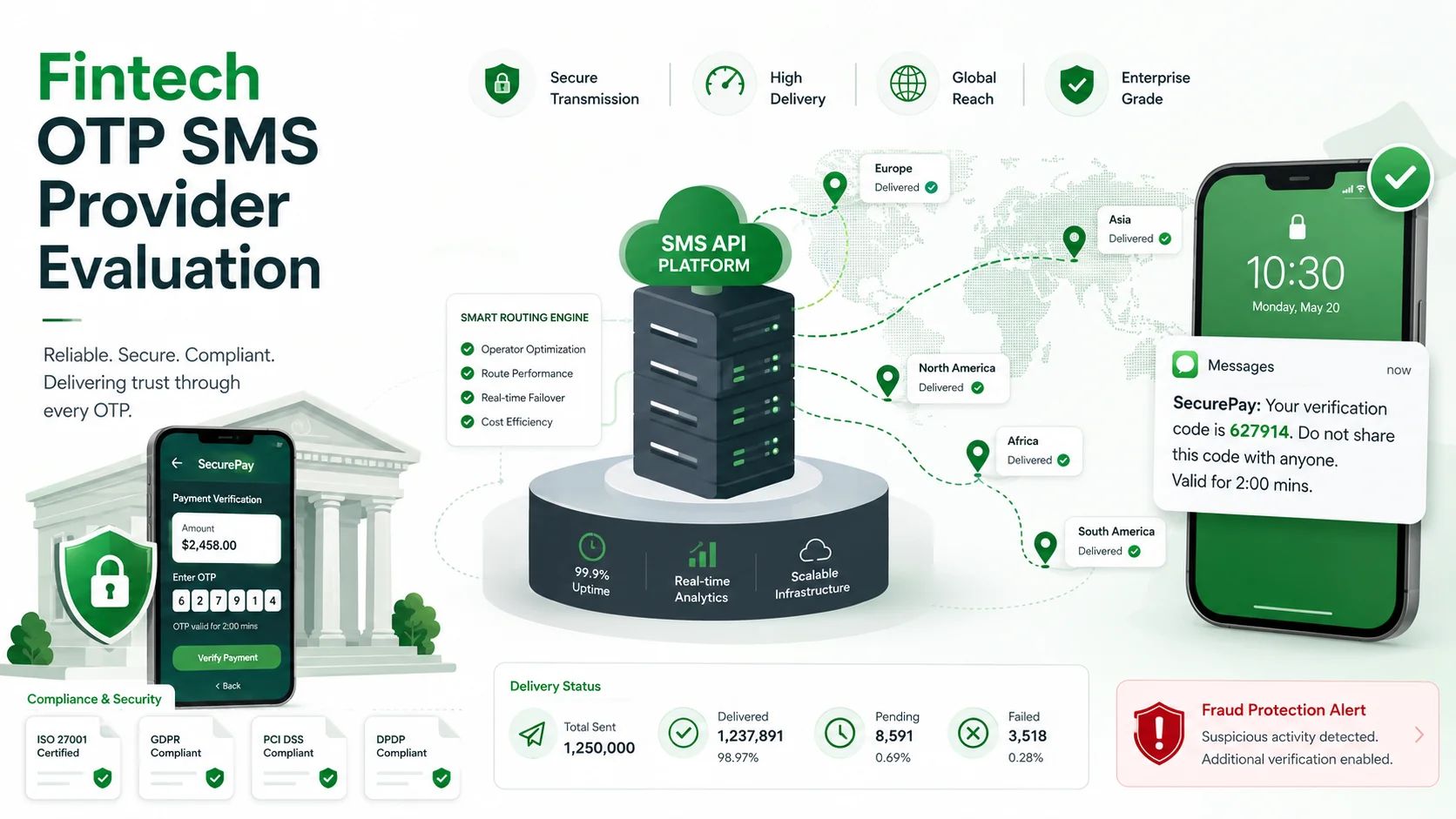 Fintech OTP SMS provider evaluation showing secure payment verification compliance and delivery routing