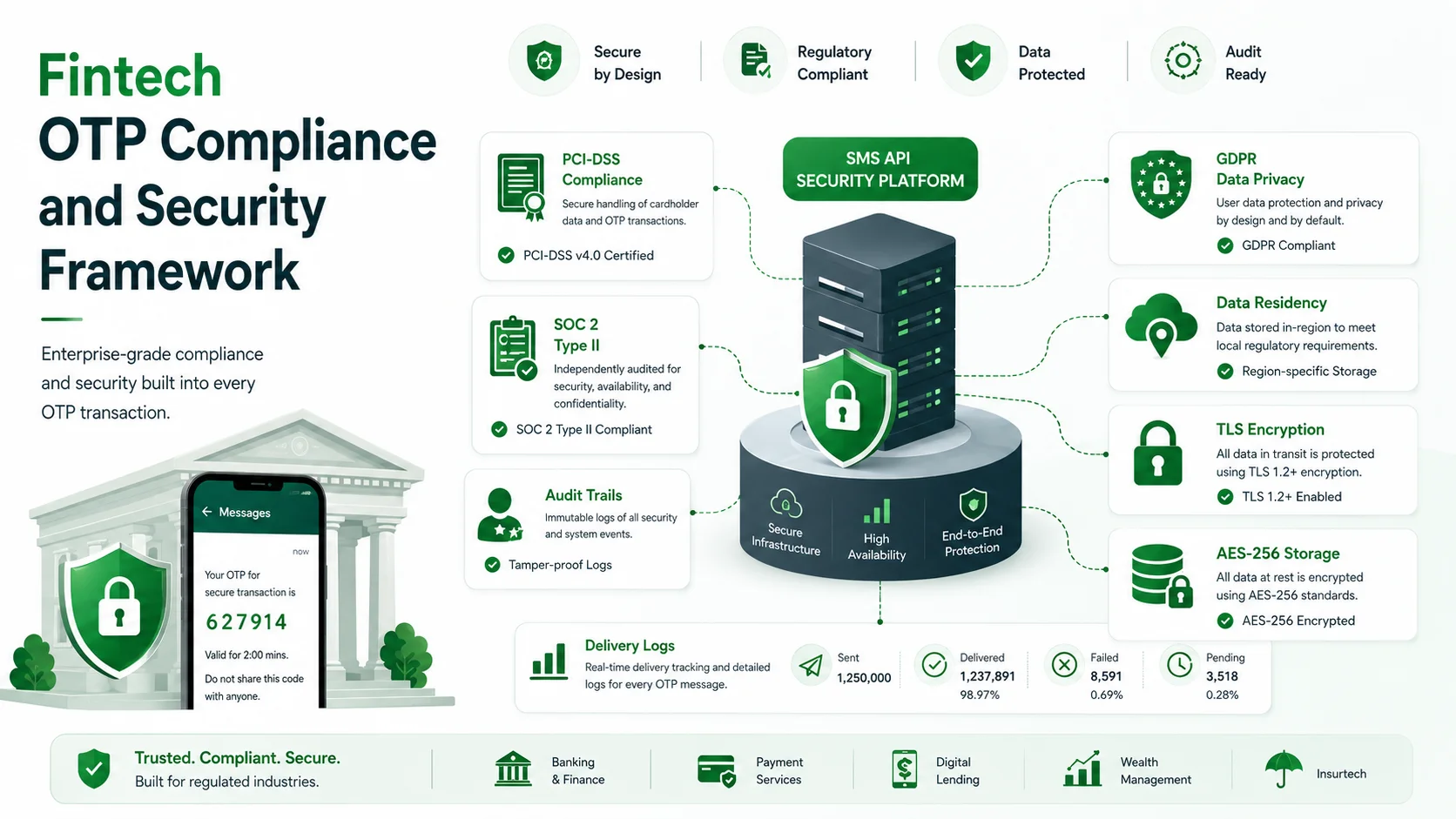 Compliance and security framework for fintech OTP SMS including PCI-DSS SOC 2 GDPR encryption and audit trails