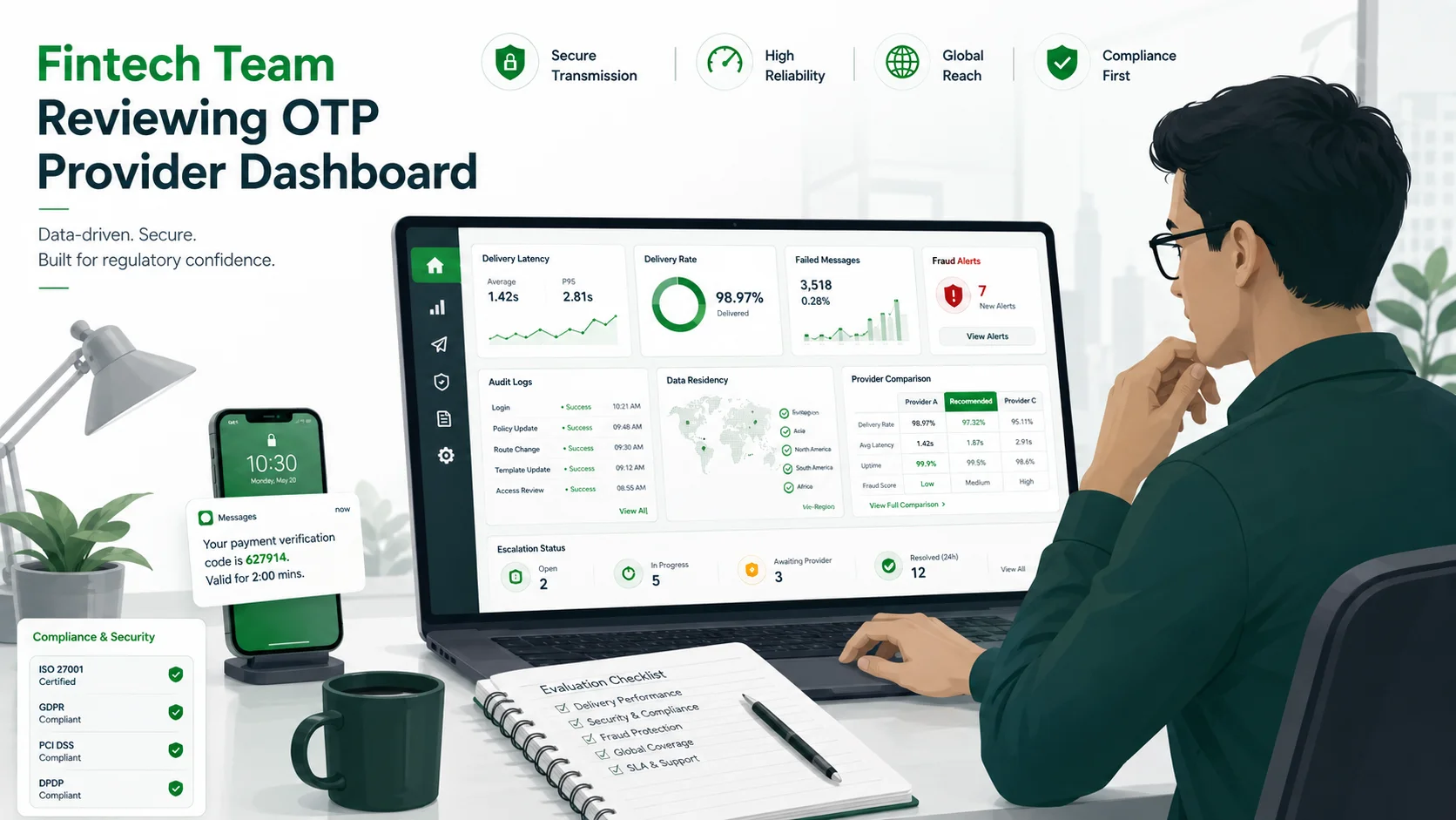 Fintech product manager reviewing OTP SMS provider dashboard with latency fraud alerts audit logs and delivery data