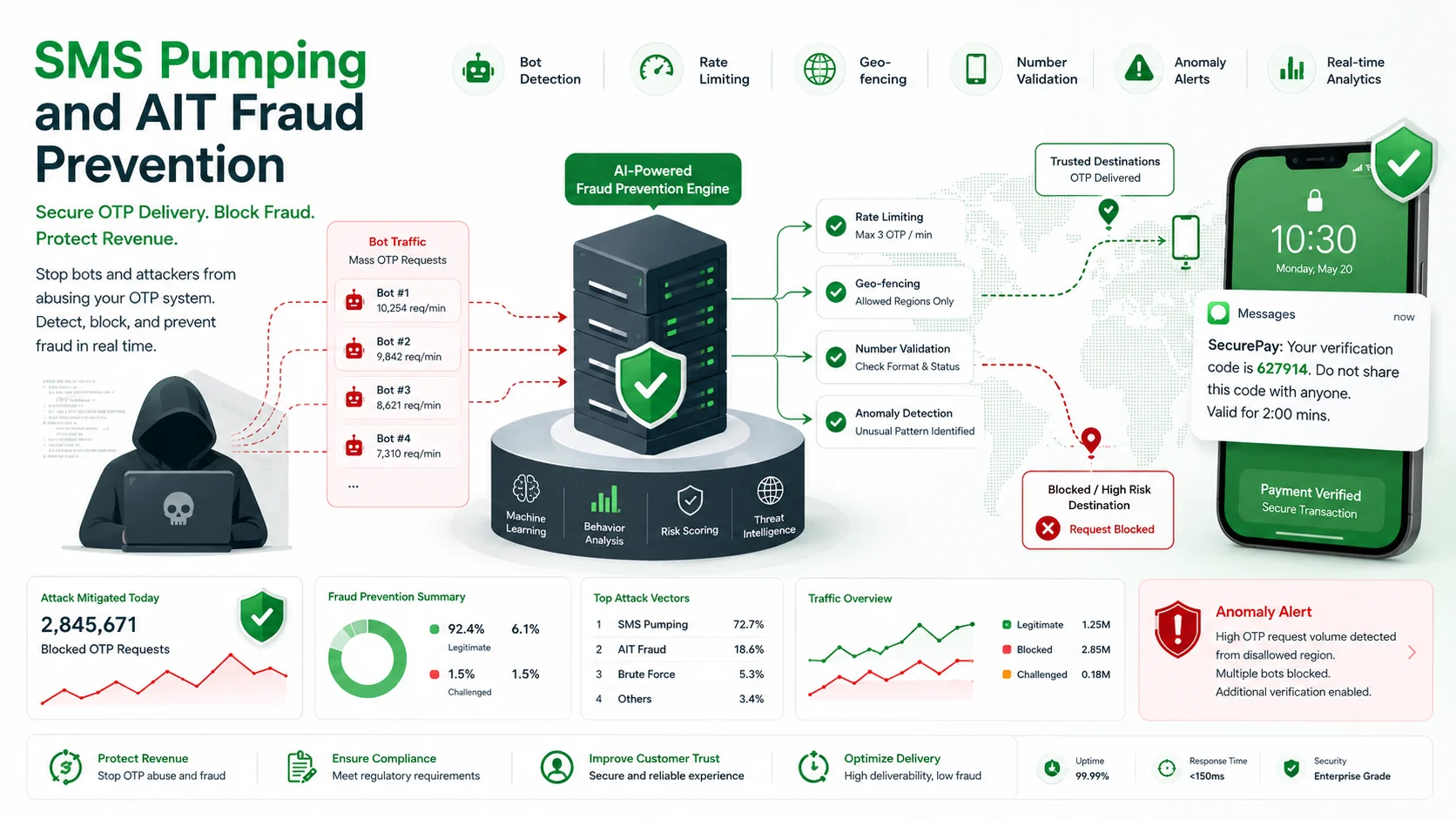 SMS pumping and AIT fraud prevention for fintech OTP using anomaly detection rate limiting and number validation