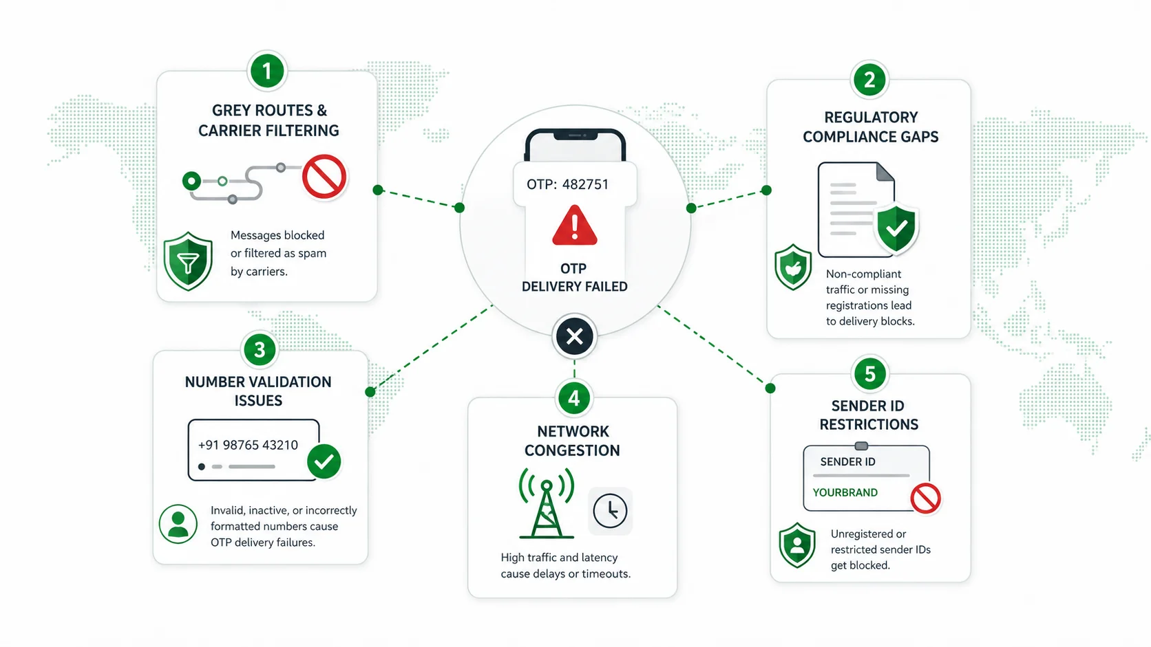 Five root causes of OTP failure including grey routes compliance gaps number validation network congestion and sender ID restrictions