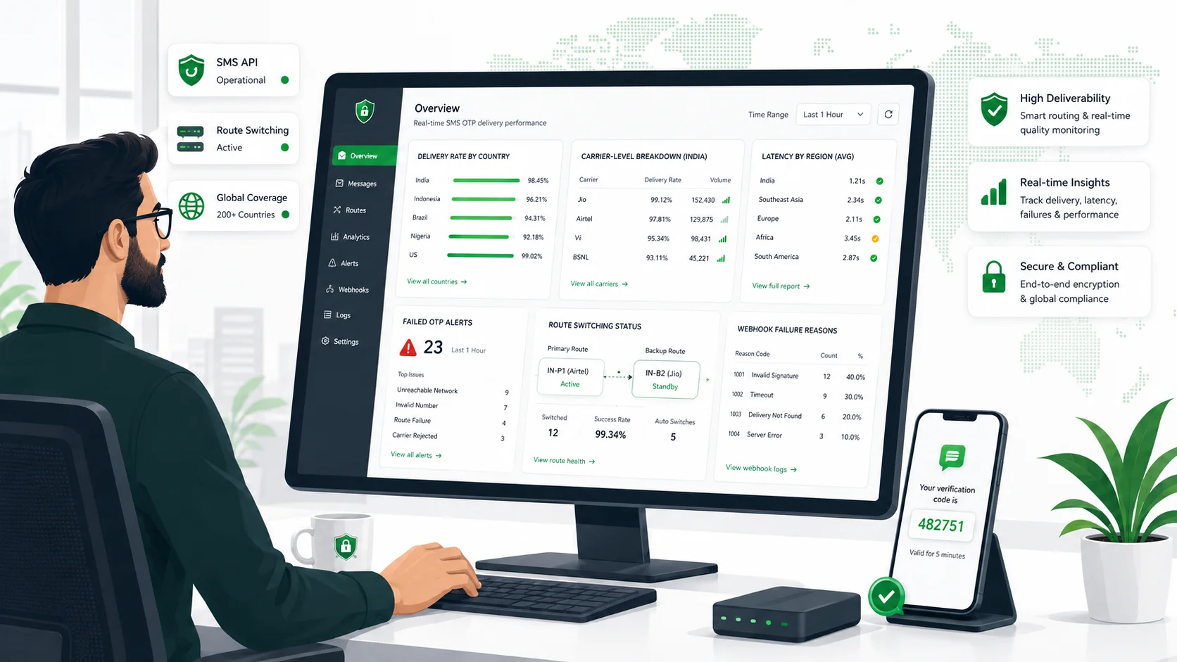 Engineer monitoring OTP delivery rate latency carrier performance and regional failure alerts on a dashboard