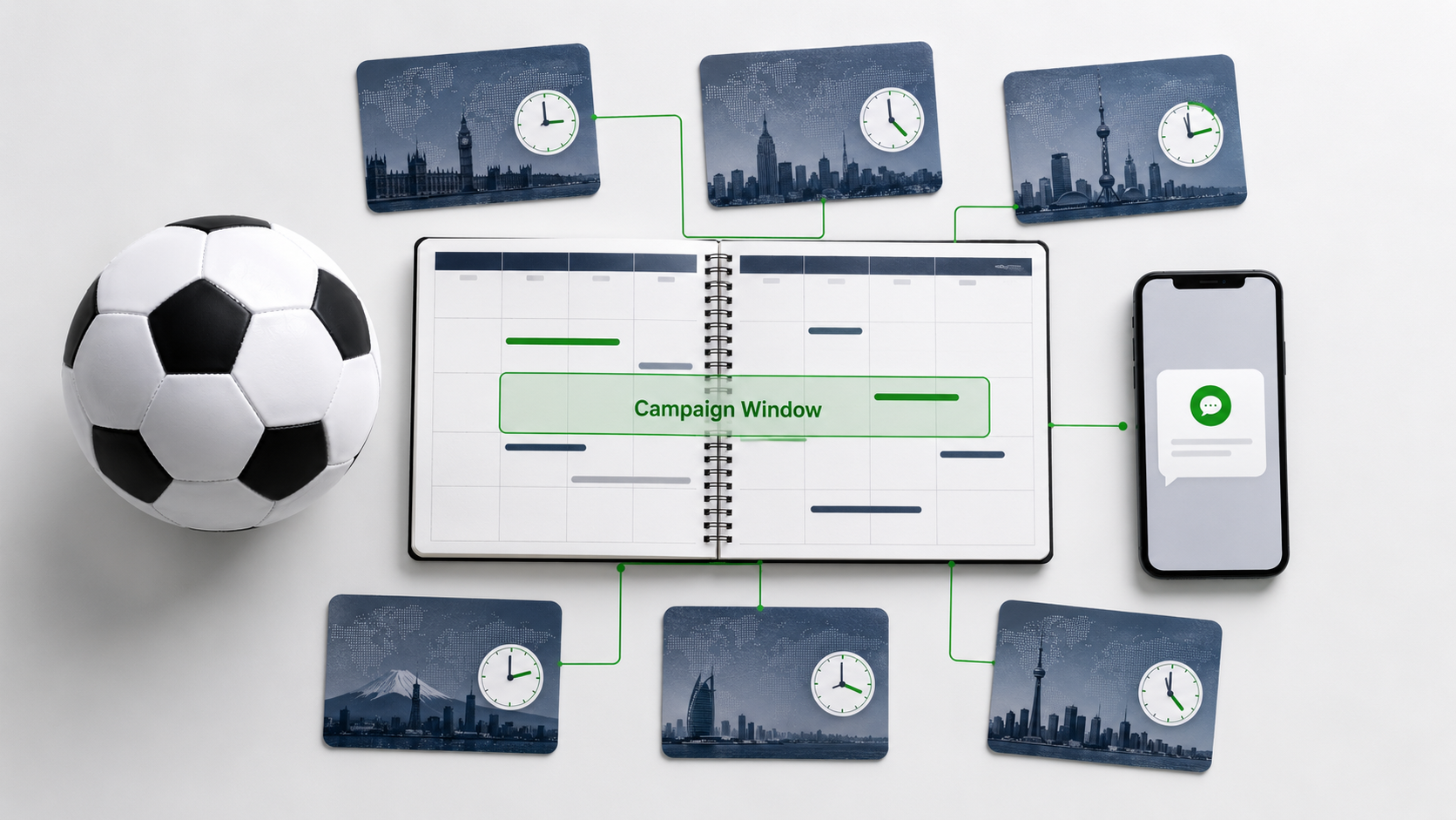 World Cup SMS campaign planning board showing fan moments, local time, and audience segments
