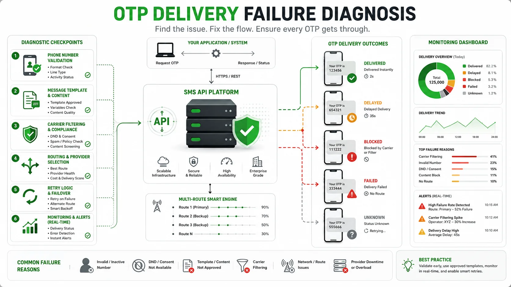 OTP SMS delivery failure diagnosis showing failed verification codes routing issues filtering and monitoring alerts
