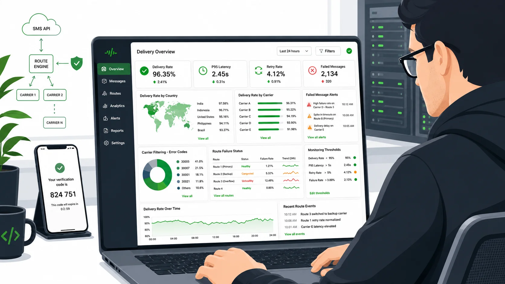 Developer troubleshooting OTP SMS delivery dashboard with country carrier latency retry and error code metrics