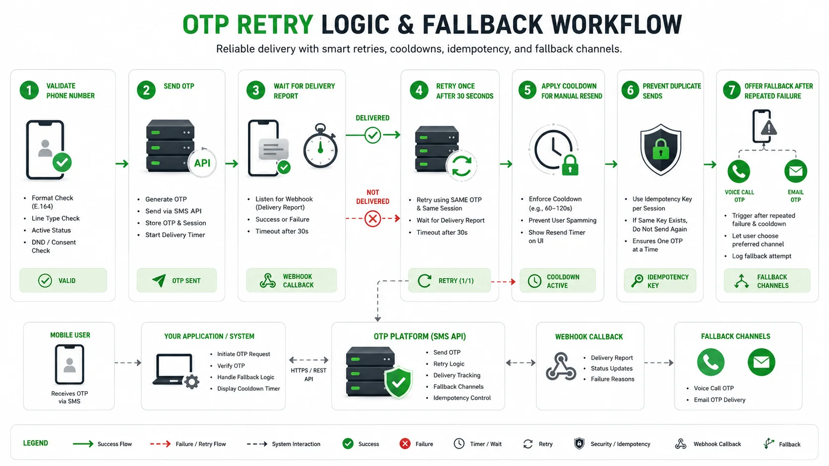 OTP retry logic workflow showing same-code retry cooldown idempotency key and fallback channels