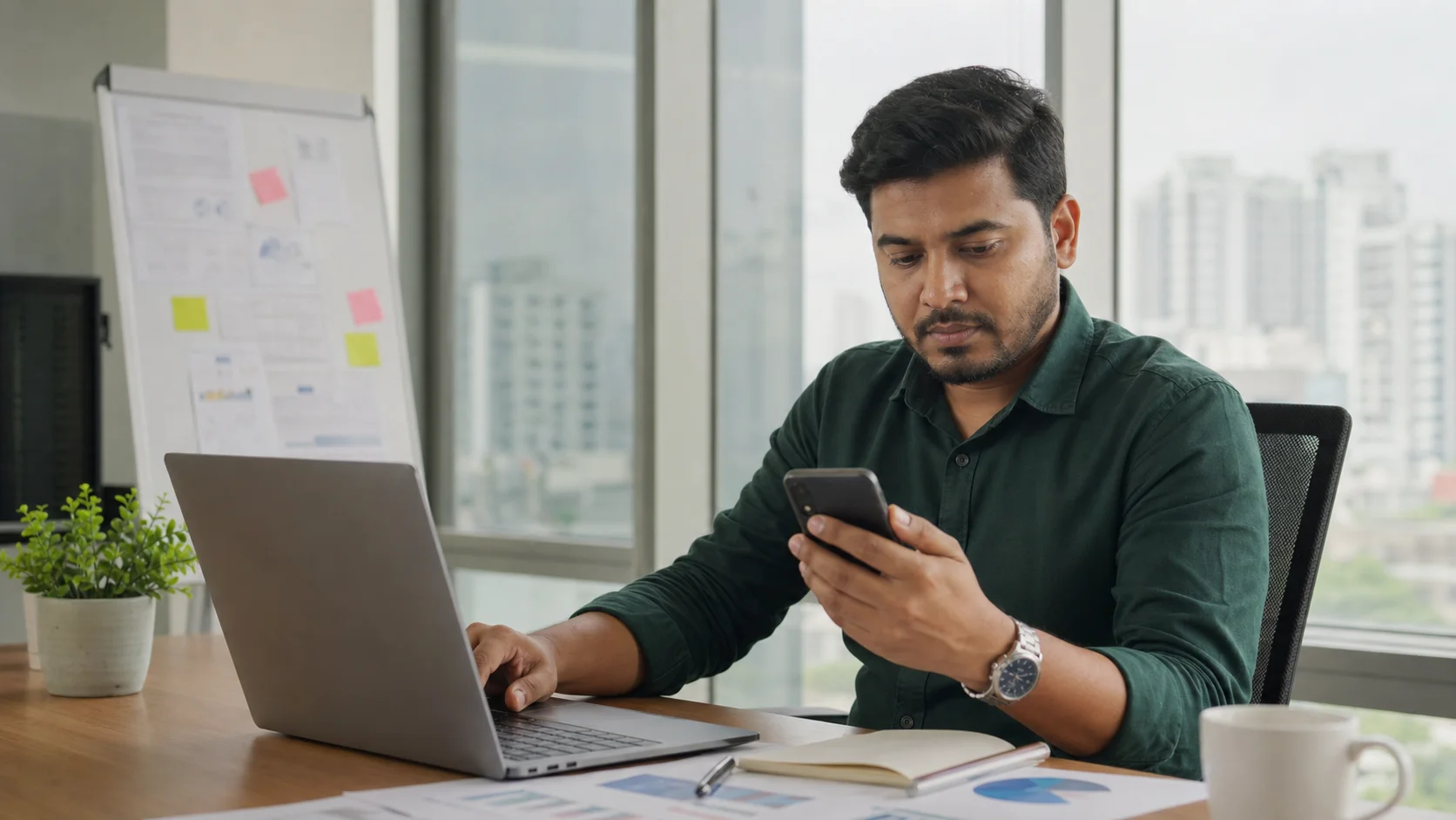 Bangladeshi business professional reviewing sender identity setup and SMS delivery information on a laptop and mobile phone.