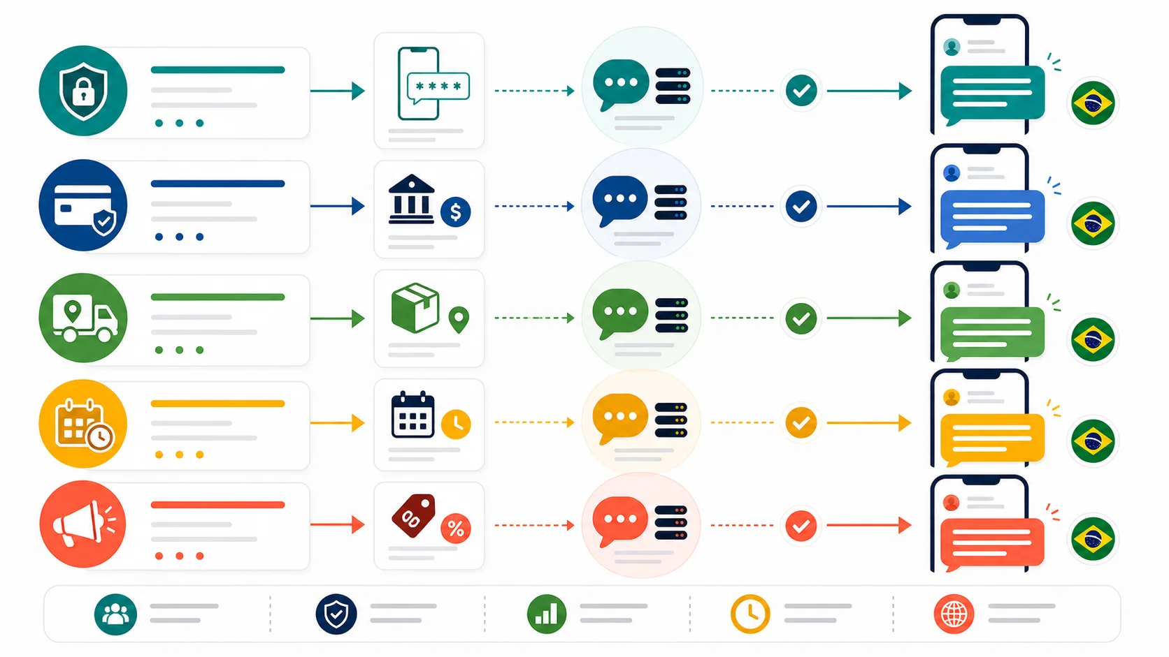 Abstract infographic showing OTP, payment alert, delivery notification, appointment reminder, and campaign SMS flows to mobile phones in Brazil.