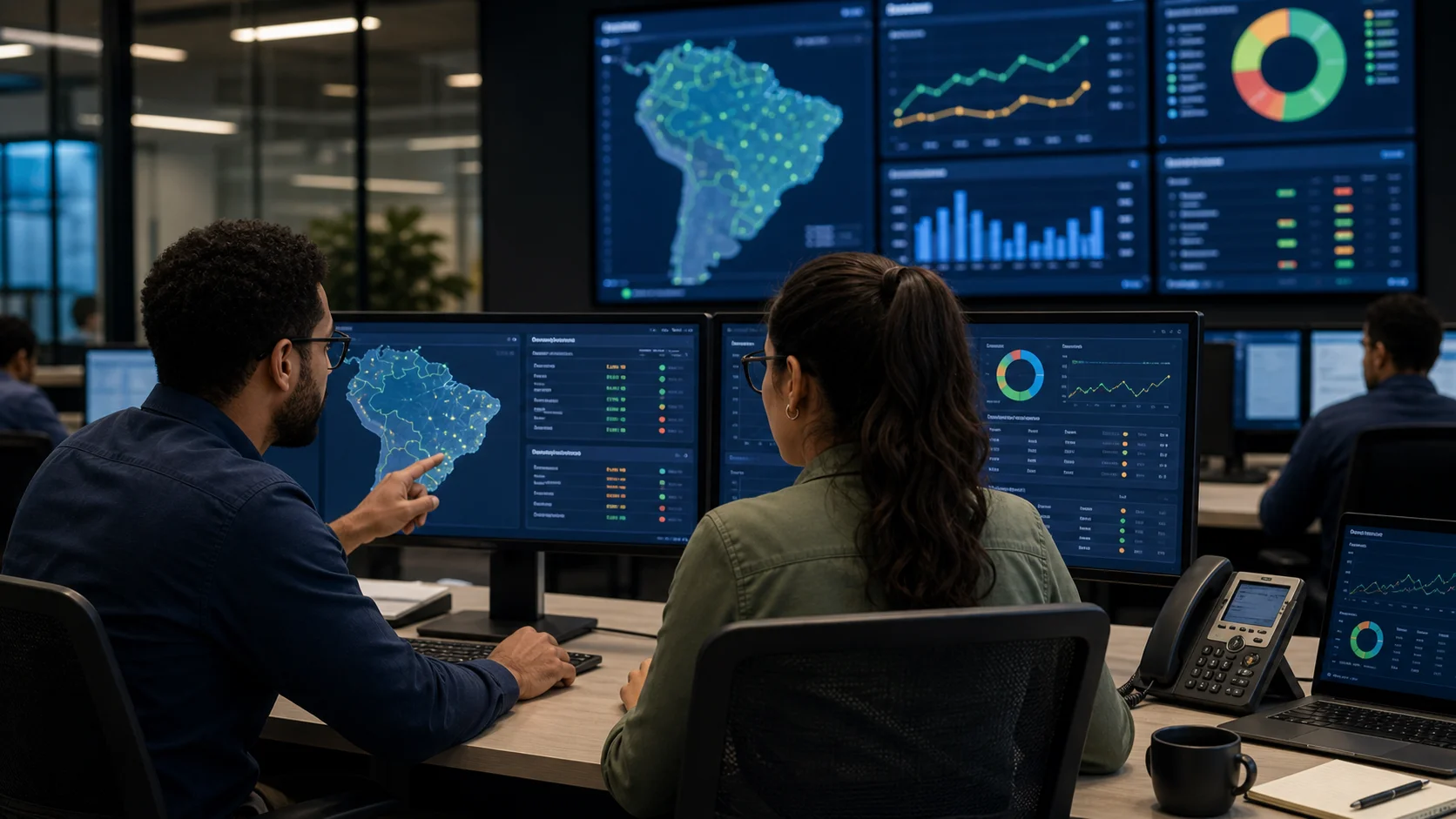 Technical staff in a network operations room reviewing SMS delivery reports, Brazil route health dashboards, and common failure patterns.
