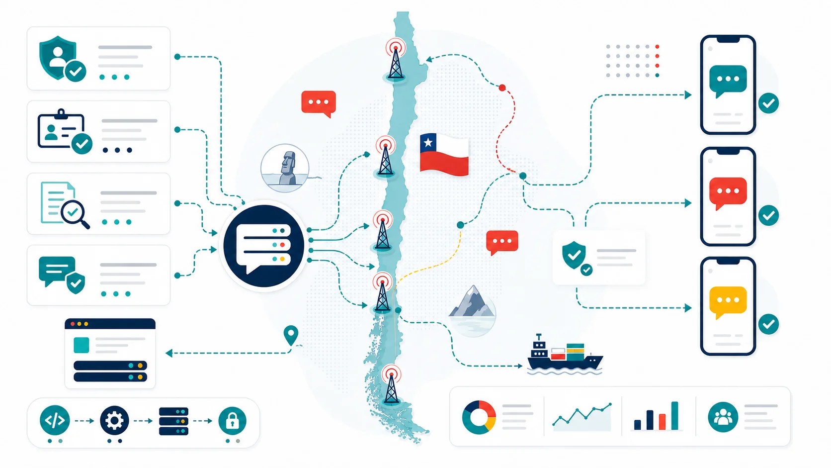Abstract infographic map of Chile showing SMS gateway routing, mobile signal towers, consent checks, sender identity review, and message delivery paths.