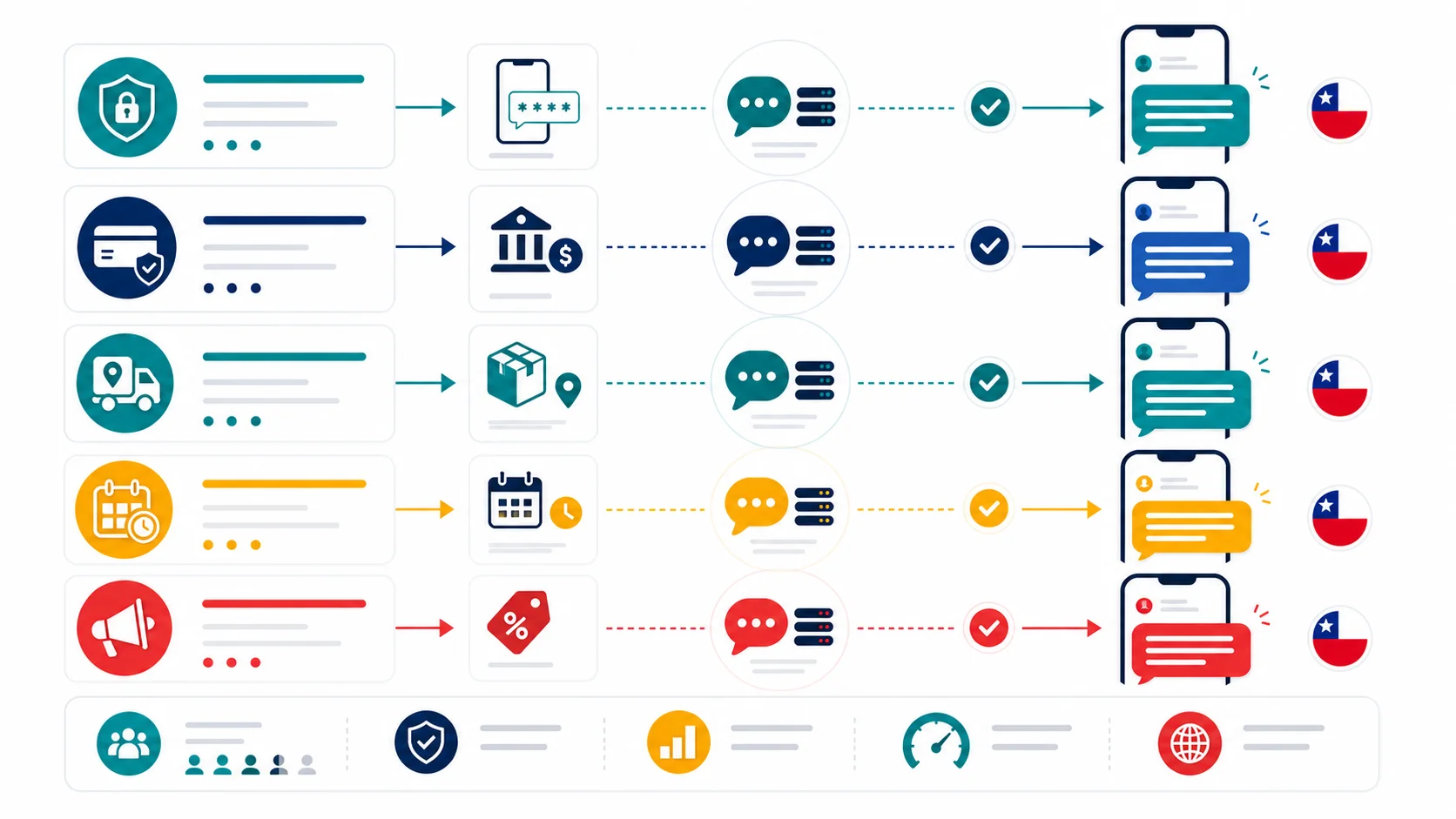 Abstract infographic showing OTP, payment alert, delivery notification, appointment reminder, and campaign SMS flows to mobile phones in Chile.