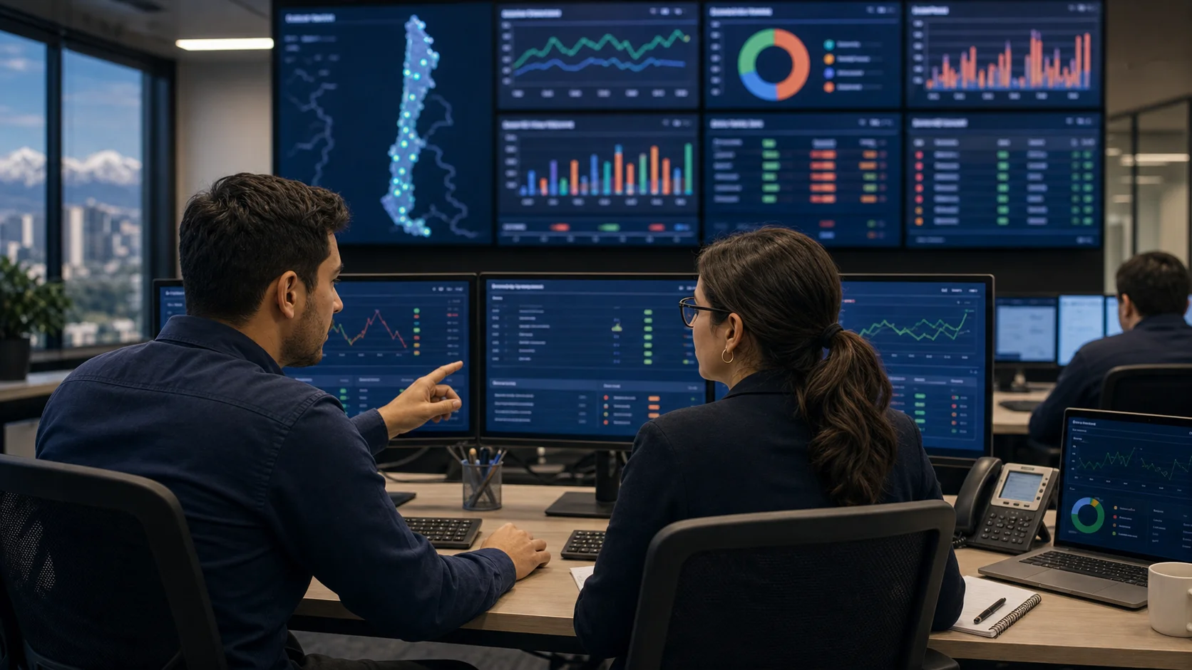 Technical staff in a network operations room reviewing SMS delivery reports, Chile delivery route dashboards, and common failure patterns.