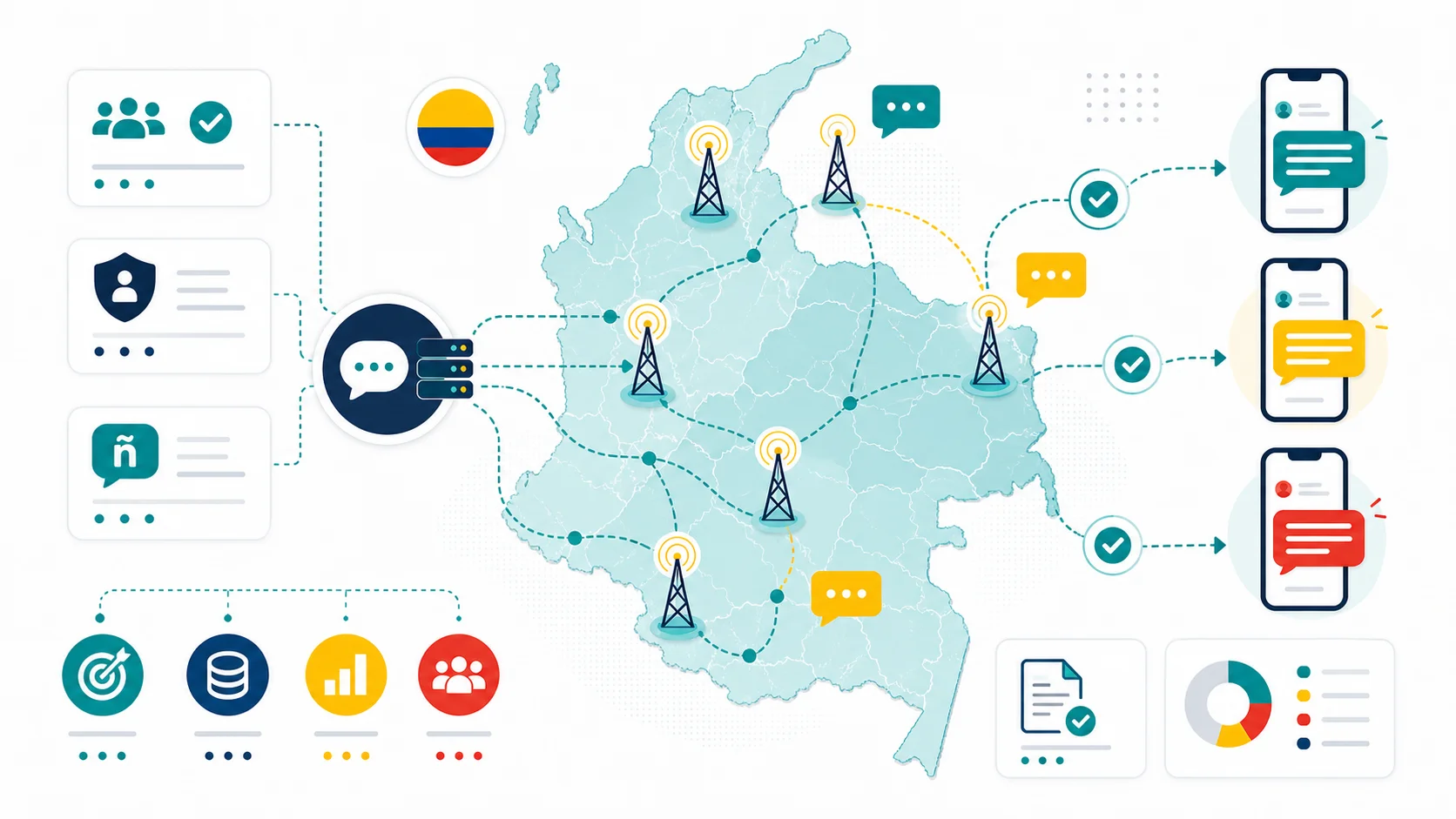 Abstract infographic map of Colombia showing SMS marketing routing, mobile signal towers, consent checks, sender identity review, Spanish template checks, and message delivery paths.