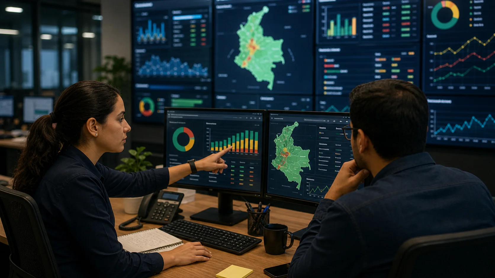 Technical staff in a network operations room reviewing SMS marketing delivery reports, Colombia route health dashboards, and common failure patterns.