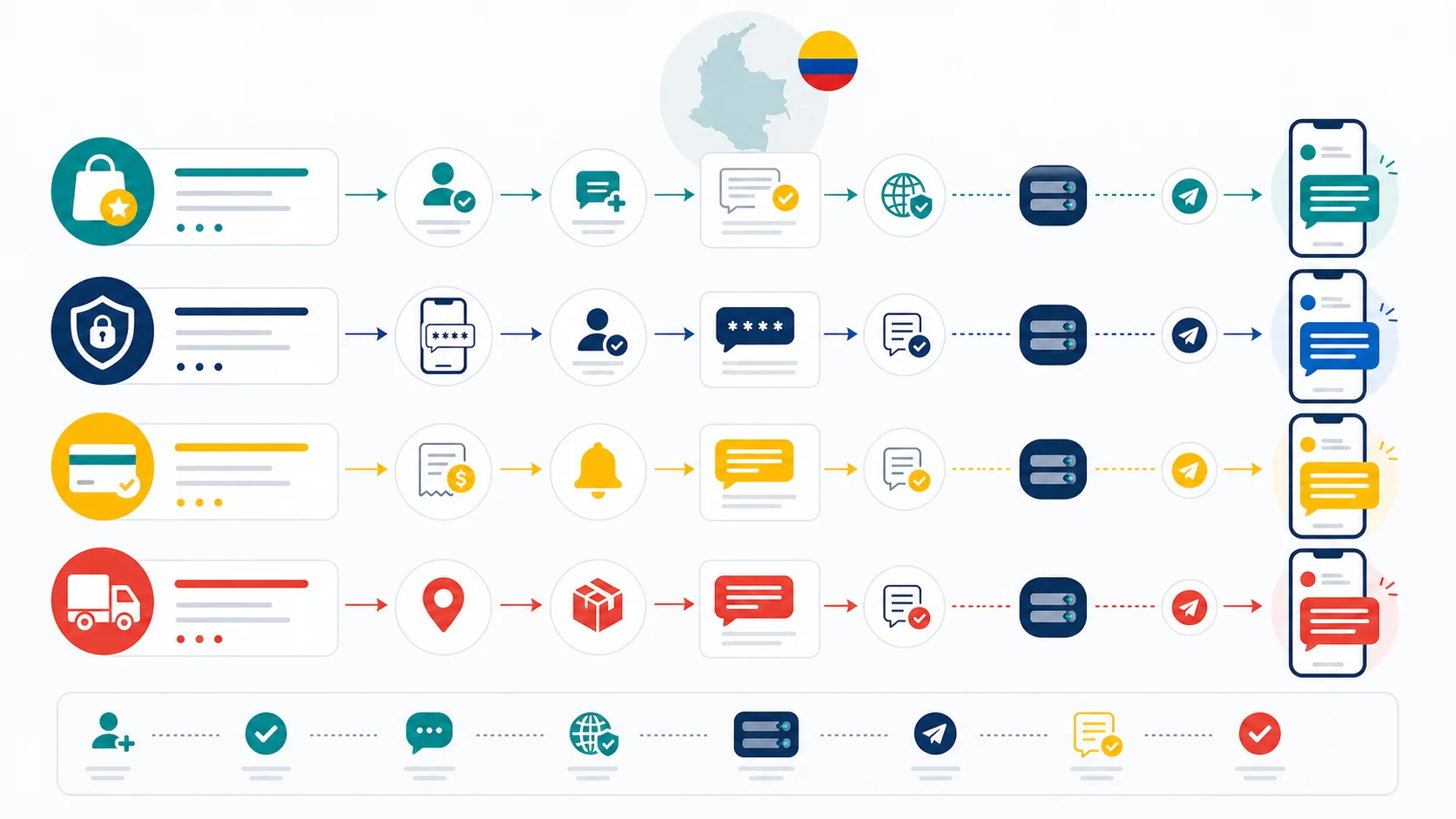 Abstract infographic showing opt-in campaign, OTP, payment alert, delivery notification, and Spanish template check flows for Colombia messaging.