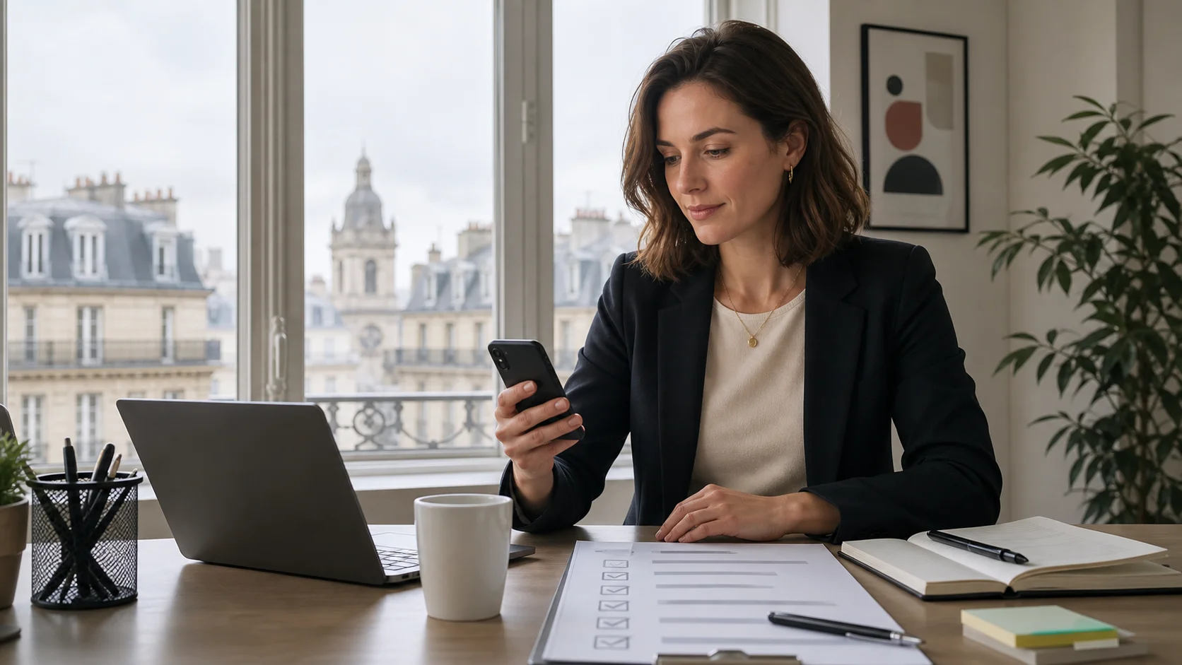 French marketing operations professional reviewing SMS consent records, sender identity, and opt-out setup on a laptop and mobile phone.