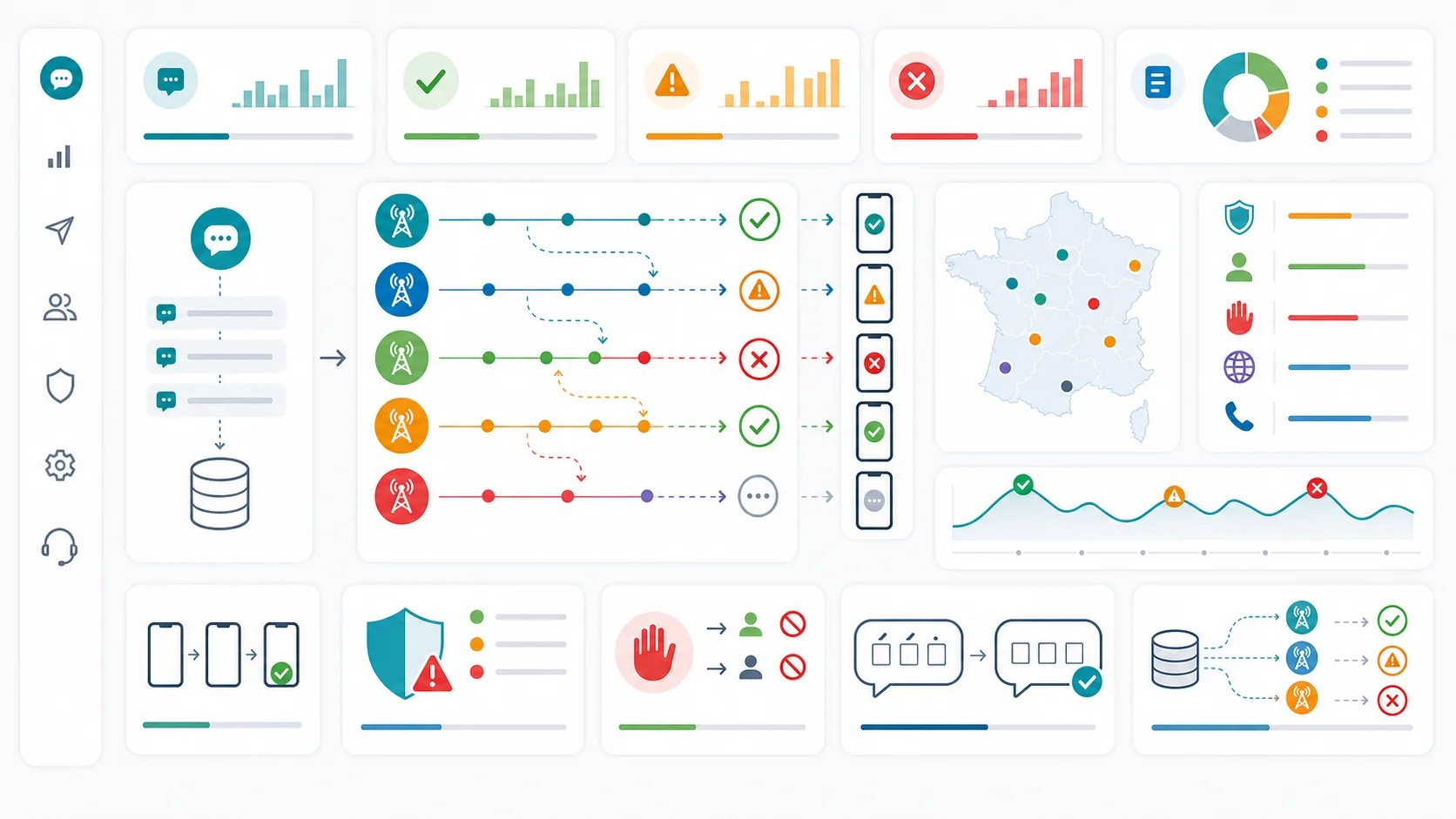 SMS delivery diagnostics dashboard showing consent-list issues, opt-out suppressions, encoding changes, route gaps, and number-formatting checks for France.