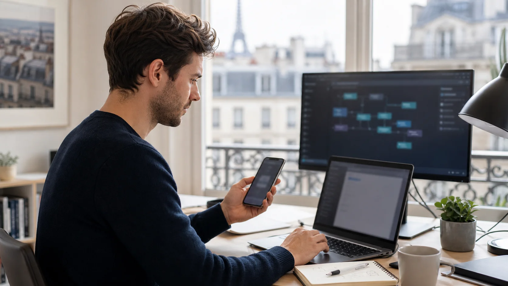 French software developer testing an SMS API workflow for OTP, notification, and marketing delivery to France mobile numbers.