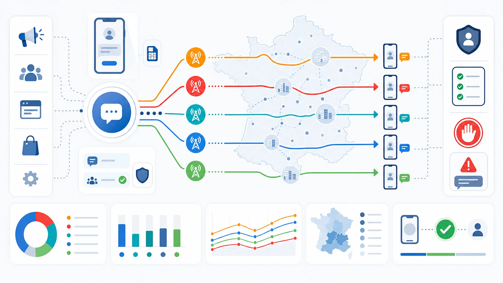 Abstract France SMS marketing network showing route testing, consent review, opt-out handling, and delivery report signals for French mobile numbers.