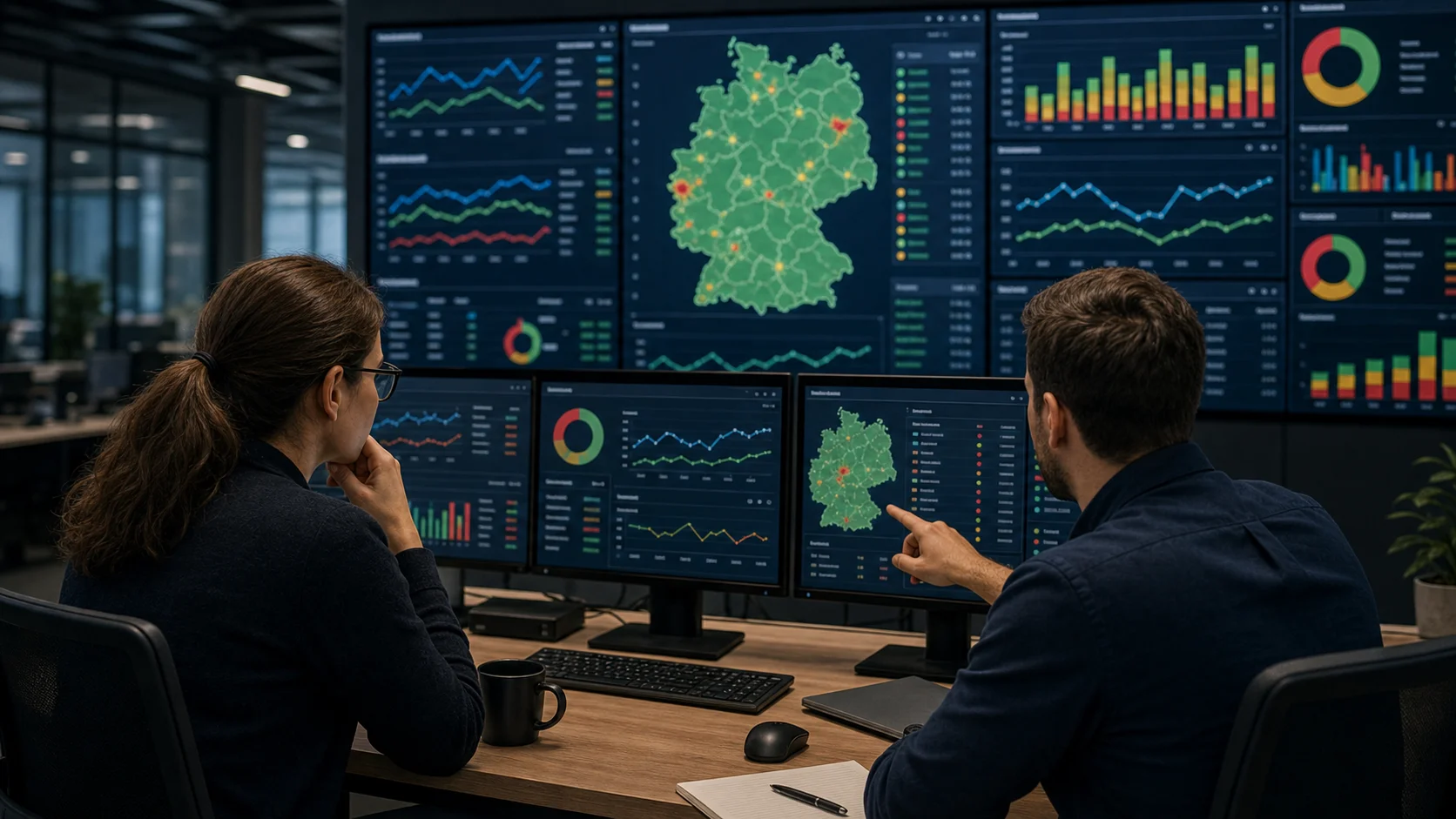 Technical staff in a network operations room reviewing SMS marketing delivery reports, Germany route health dashboards, and common failure patterns.
