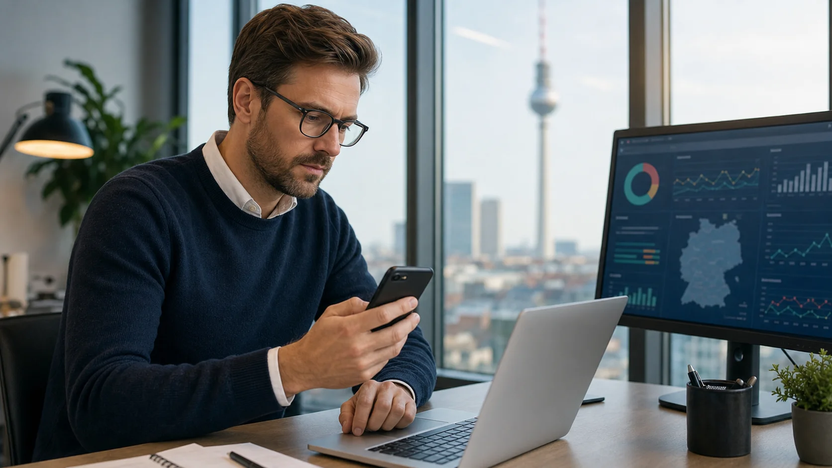 Marketing operations manager in Germany reviewing opt-in SMS campaign delivery, consent status, and SMS gateway performance on a laptop and smartphone.
