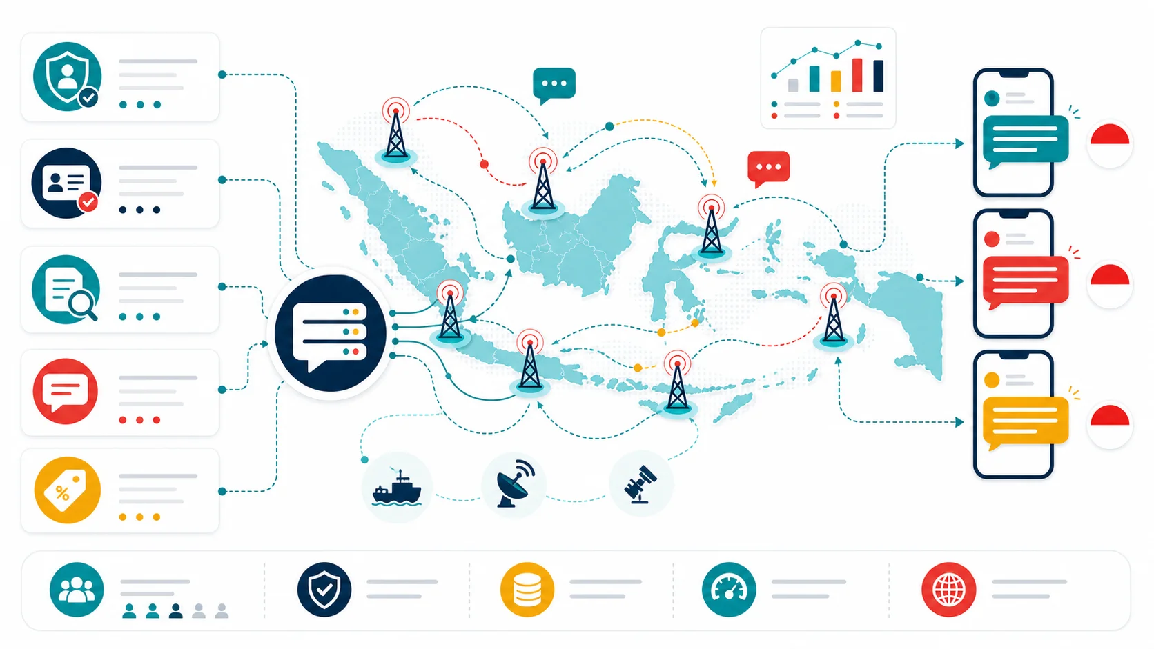 Abstract infographic map of Indonesia showing SMS gateway routing, mobile signal towers, Sender ID checks, pricing factors, and inter-island message delivery paths.