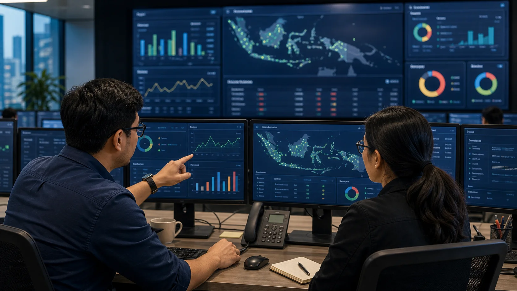 Technical staff in a network operations room reviewing SMS delivery reports, Indonesia island route dashboards, and common failure patterns.