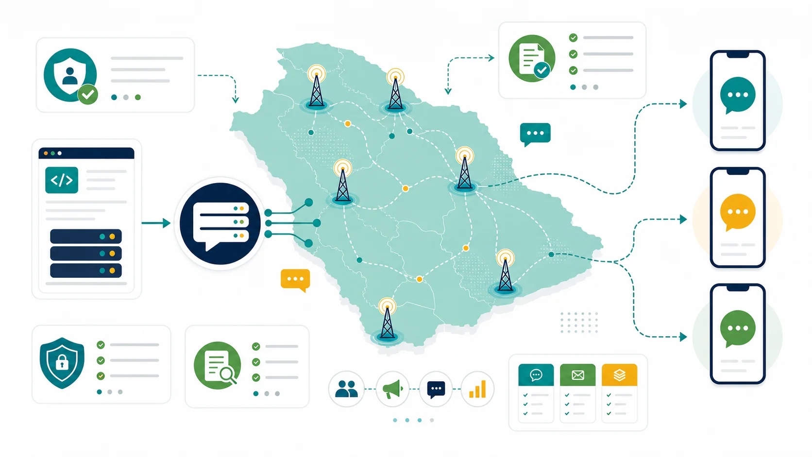 Abstract infographic map of Saudi Arabia showing SMS marketing routing, mobile signal towers, Sender ID approval, compliance-style checks, pricing factors, and message delivery paths.