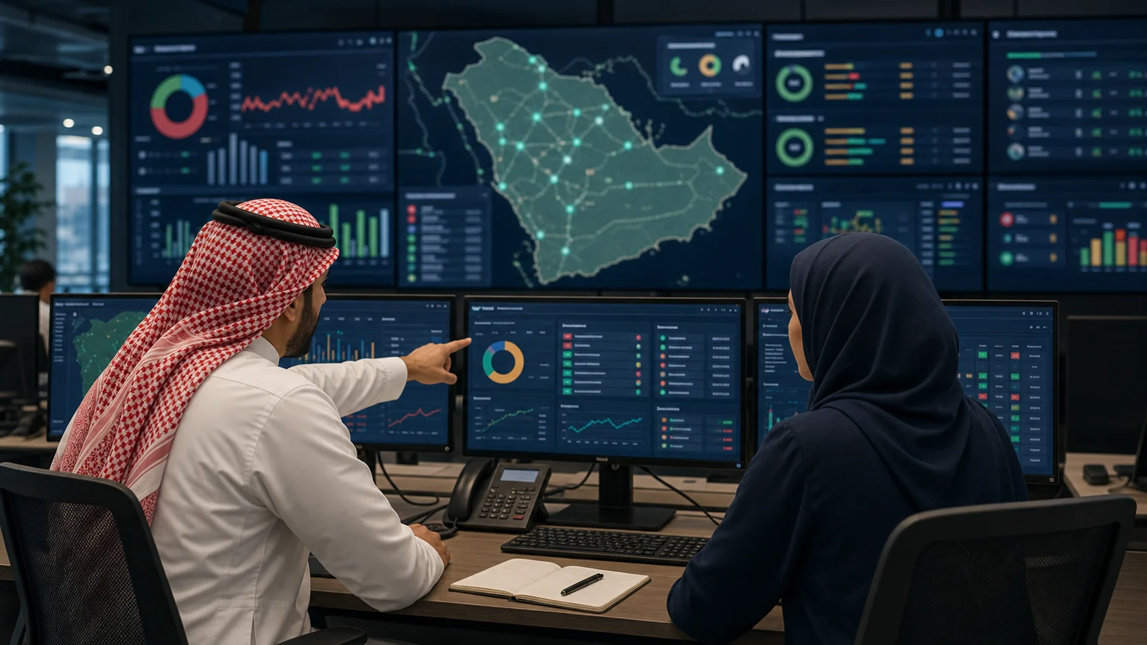 Technical staff in a network operations room reviewing SMS marketing delivery reports, Saudi route health dashboards, Sender ID approval status, and common failure patterns.