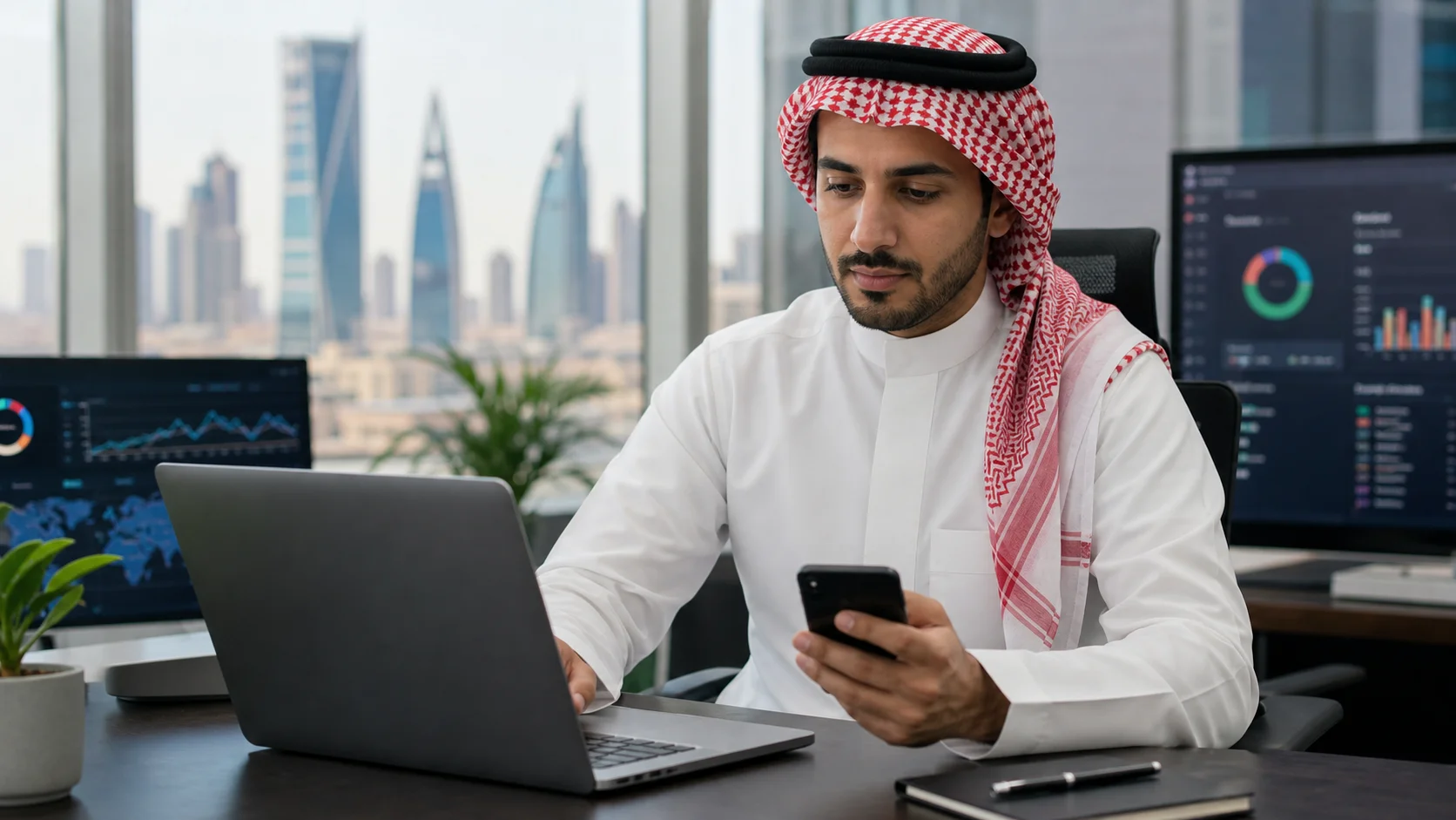 Saudi-based marketing operations manager reviewing SMS campaign delivery, Sender ID approval status, and message performance on a laptop and smartphone.