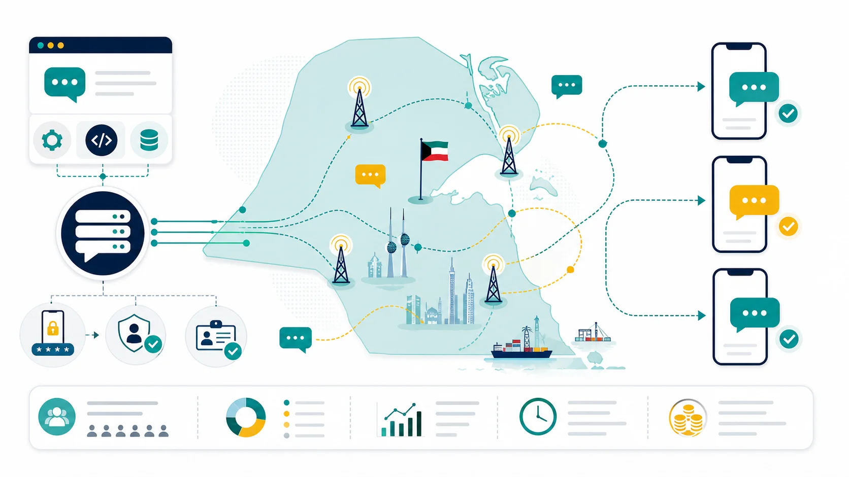 Abstract infographic map of Kuwait showing bulk SMS gateway routing, mobile signal towers, sender identity checks, and message delivery paths.