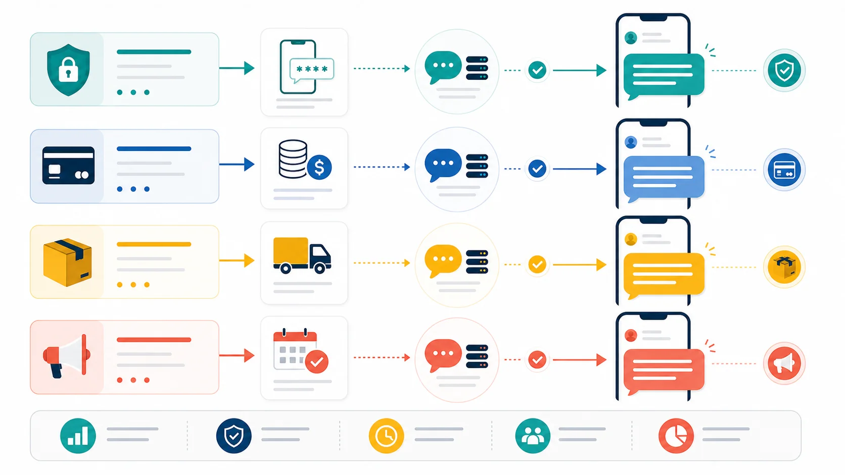 Abstract infographic showing OTP, payment alert, delivery notification, and marketing reminder SMS flows to mobile phones in Kuwait.