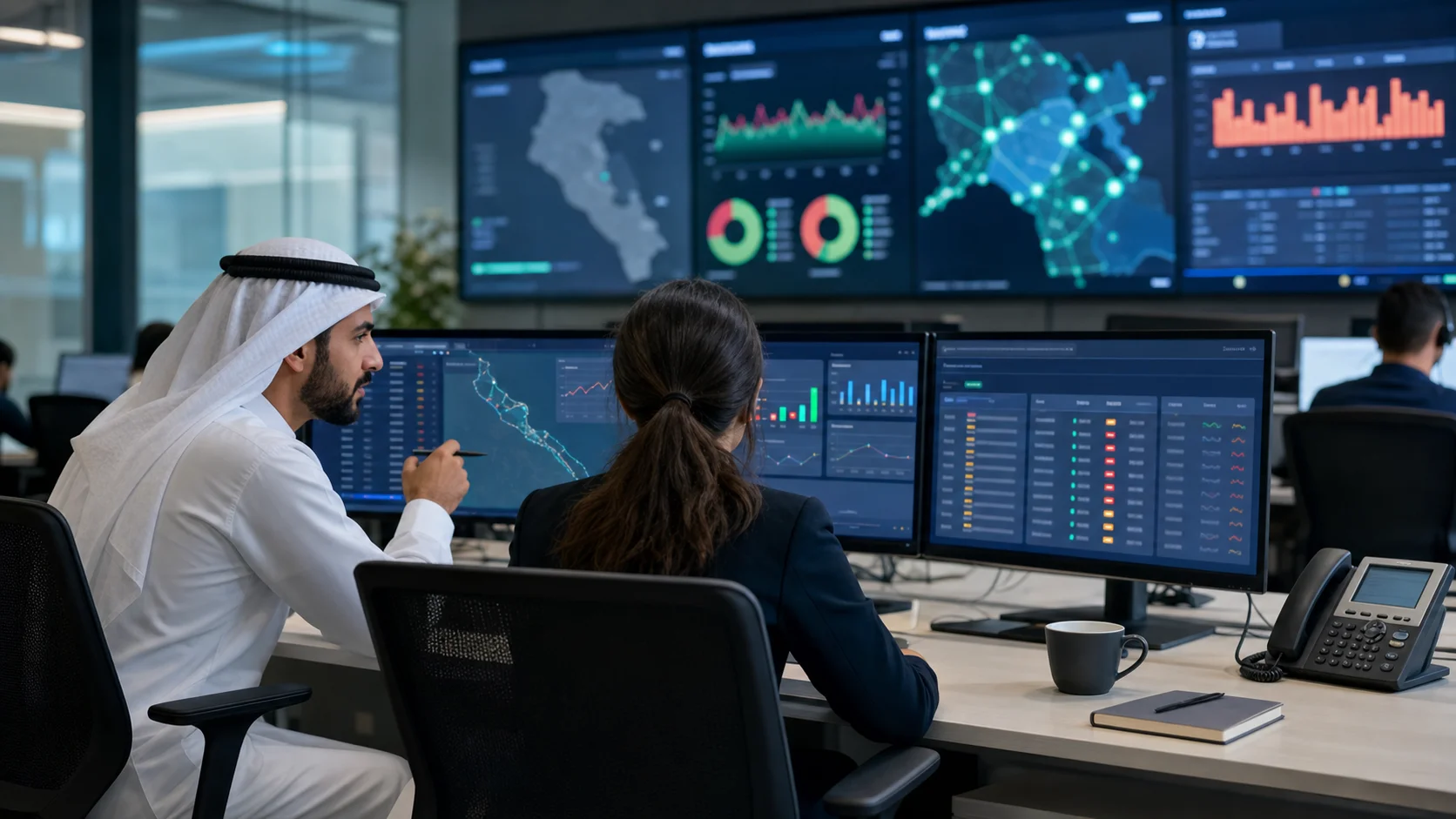 Technical staff in a network operations room reviewing bulk SMS delivery reports, route health dashboards, and common failure patterns for Kuwait.
