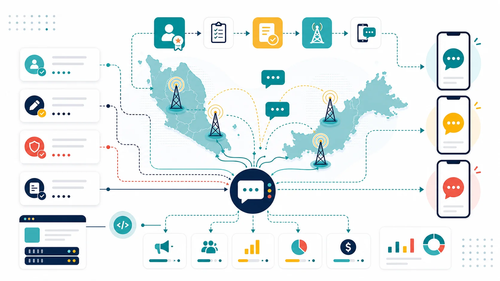 Abstract infographic map of Malaysia showing SMS marketing routing, mobile signal towers, Sender ID approval, compliance-style checks, pricing factors, and message delivery paths.