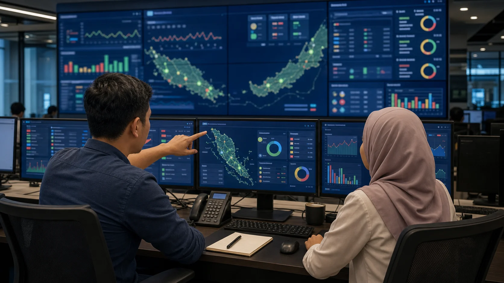 Technical staff in a network operations room reviewing SMS marketing delivery reports, Malaysia route health dashboards, Sender ID approval status, and common failure patterns.