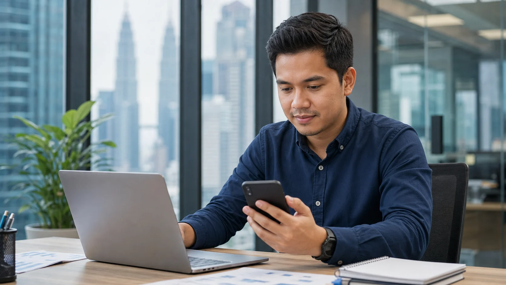 Malaysian marketing operations manager reviewing SMS campaign delivery, Sender ID approval status, and bulk SMS performance on a laptop and smartphone.