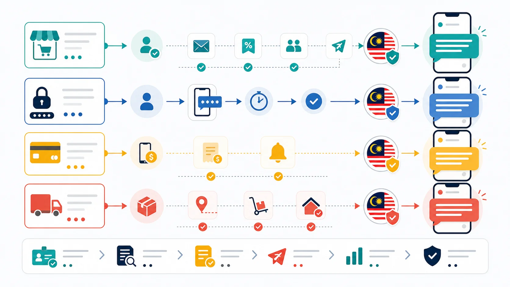 Abstract infographic showing opt-in campaign, OTP, payment alert, delivery notification, and Sender ID approval flows for Malaysia business messaging.
