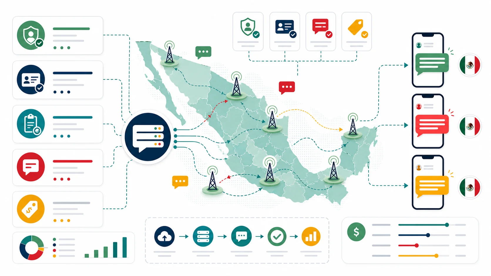 Abstract infographic map of Mexico showing SMS gateway routing, mobile signal towers, sender identity checks, template review, pricing factors, and message delivery paths.