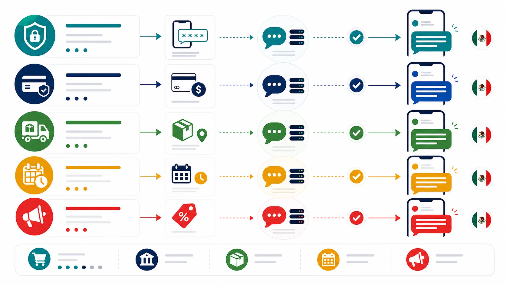 Abstract infographic showing OTP, payment alert, delivery notification, appointment reminder, and campaign SMS flows to mobile phones in Mexico.
