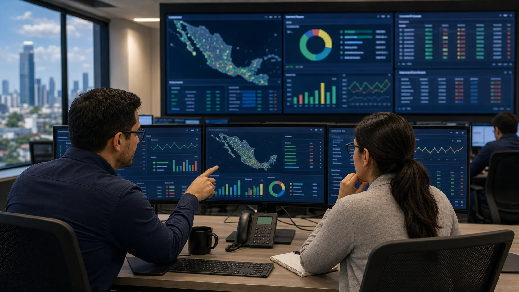 Technical staff in a network operations room reviewing SMS delivery reports, Mexico route health dashboards, and common failure patterns.
