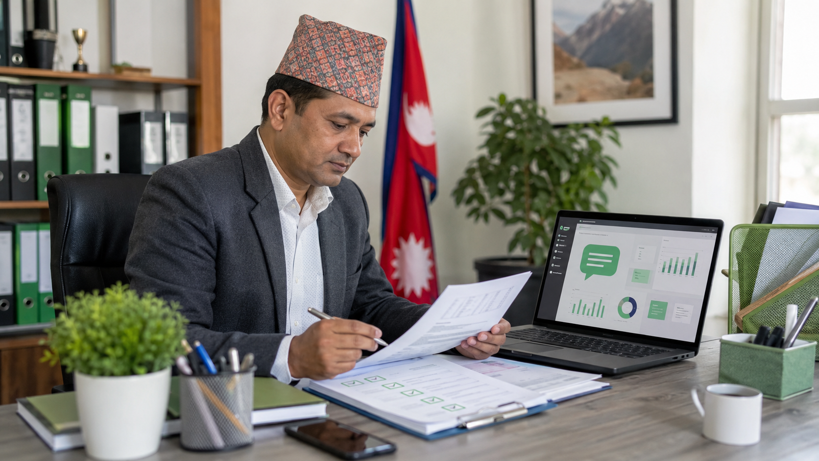 Nepali organization manager preparing documents for bulk SMS notifications