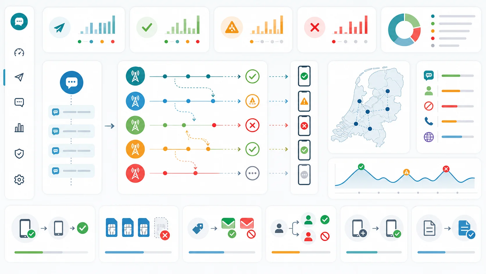SMS delivery diagnostics dashboard showing route checks, sender display issues, MVNO gaps, consent-list suppressions, and number-formatting failures for the Netherlands.