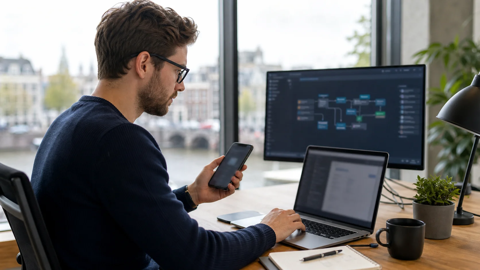 Software developer testing an SMS API workflow for OTP and notification delivery to Netherlands mobile numbers.