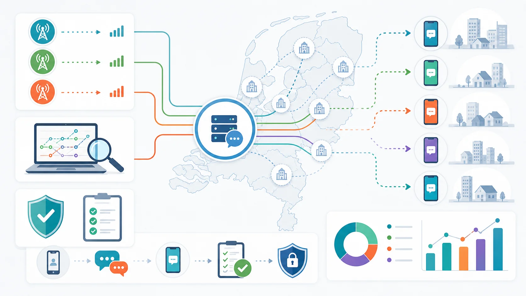  Abstract Netherlands SMS gateway network showing route testing, sender display checks, compliance review, and delivery report signals for Dutch mobile numbers.