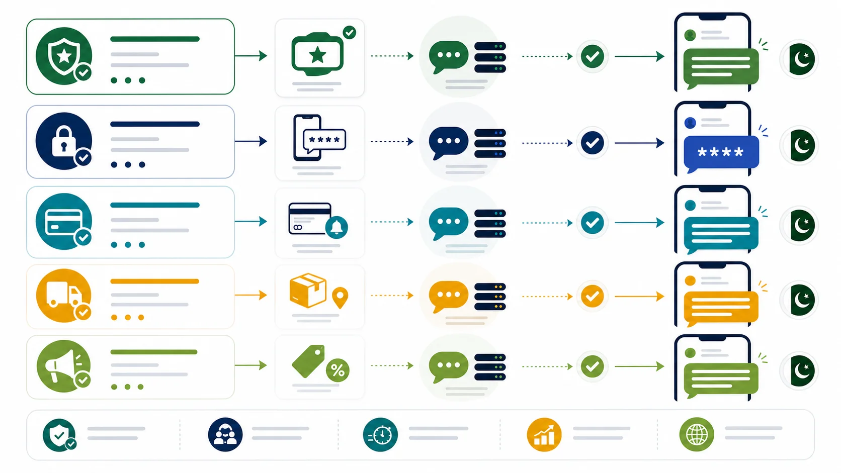 Abstract infographic showing branded sender messages, OTP, payment alerts, delivery notifications, and campaign SMS flows to mobile phones in Pakistan.