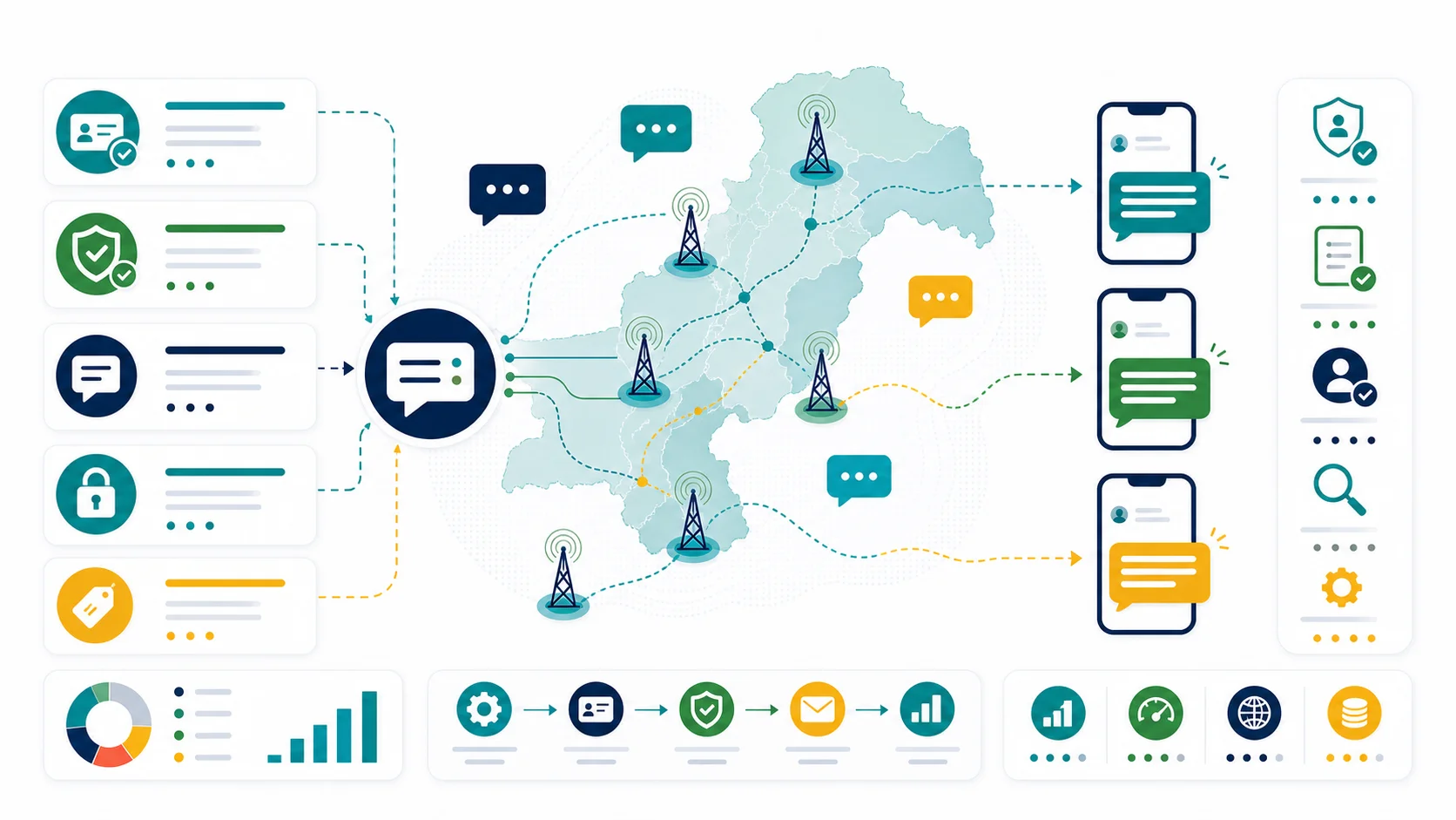 Abstract infographic map of Pakistan showing branded SMS routing, Sender ID review, compliance-style checks, OTP delivery, and regional message delivery paths.
