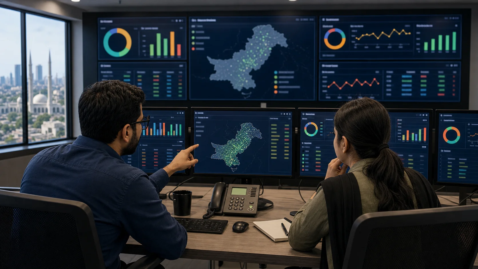 Technical staff in a network operations room reviewing branded SMS delivery reports, Pakistan route health dashboards, Sender ID status, and common failure patterns.