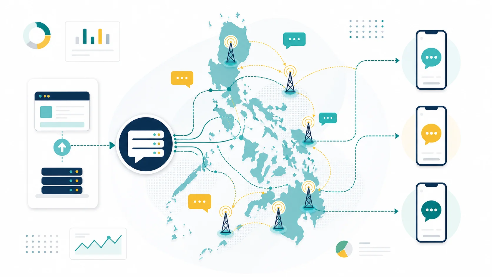 Abstract infographic map of the Philippines showing SMS gateway routing, mobile signal towers, and message delivery paths.